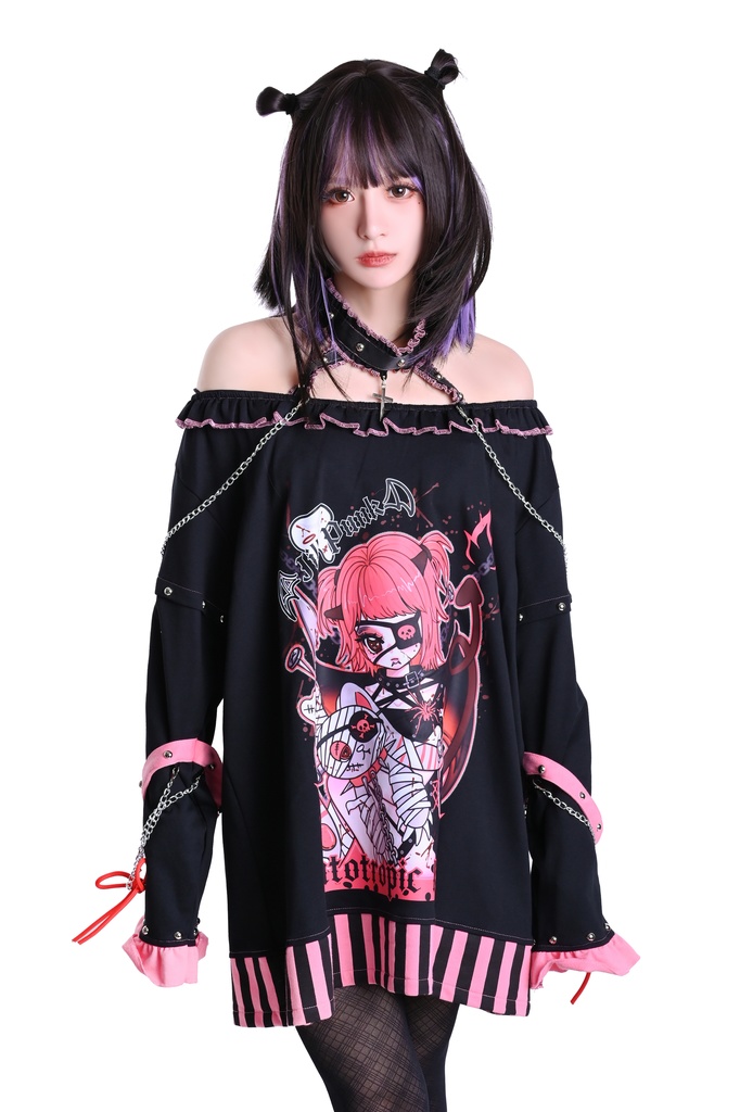 Jillpunk アニメニ次コン 有機少女 メンヘラ風 病みカワ ボートネック ゆったり チョーカー付き フリルカラー カットソー レースアップ袖 ロング丈Tシャツワンピース オリジナル ヤンデレ 可愛い おしゃれ男女兼用 ファッション 秋葉系 萌え