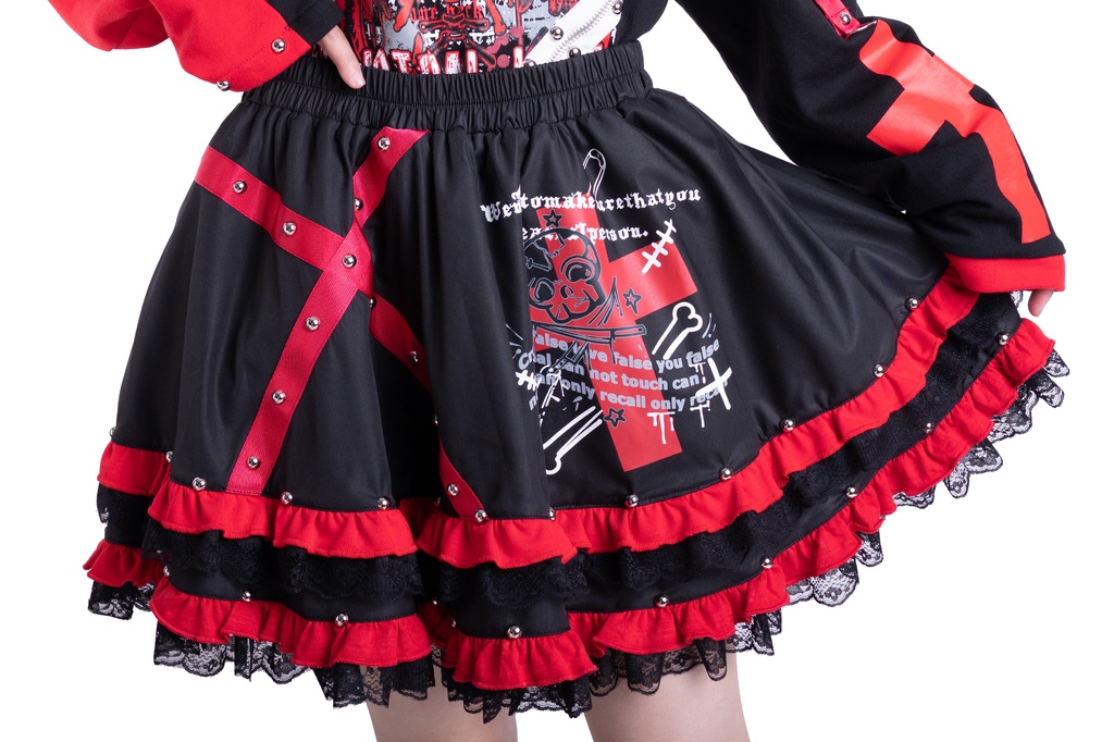 Jillpunkパンク フィクション呪文 ダーク系 エモパンク バンギャ ドクロ十字柄 ティアード 2層ボリューム レースへム Aライン ショートスカート オリジナルスタイル レディーズ V系 おしゃれ カッコいい