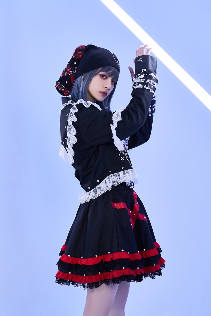 Jillpunkパンク フィクション呪文 ダーク系 エモパンク バンギャ 十字ドクロ柄 レースへム セーラー服 スター形スダッズ細工 袖取り外し2WAY ショート丈 ジップアップジャケット オリジナルスタイル レディーズ V系 おしゃれ カッコいい