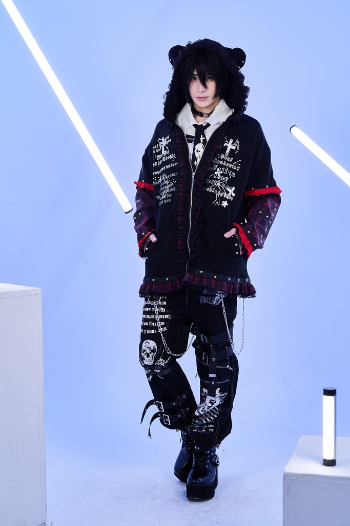 Jillpunk可愛いパンク 放浪バンギャ ダーク系 エモパンク タータンチェック柄 フリル レースへム スダッズ細工 長袖 ジップアップ猫耳パーカー フード付きジャケット オリジナルスタイル レディーズ V系 おしゃれ カッコいい
