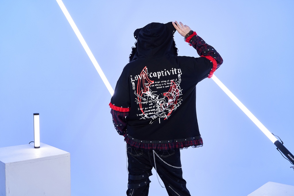 Jillpunk可愛いパンク 放浪バンギャ ダーク系 エモパンク タータンチェック柄 フリル レースへム スダッズ細工 長袖 ジップアップ猫耳パーカー フード付きジャケット オリジナルスタイル レディーズ V系 おしゃれ カッコいい