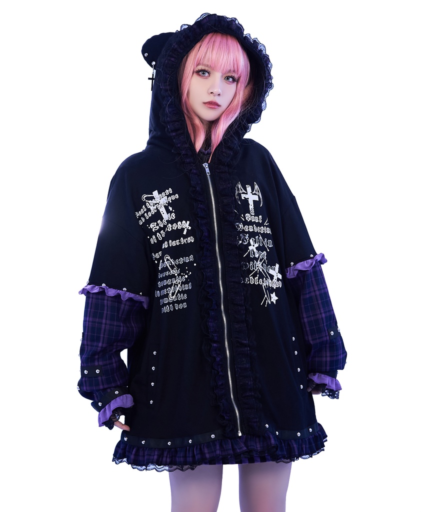 Jillpunk可愛いパンク 放浪バンギャ ダーク系 エモパンク タータンチェック柄 フリル レースへム スダッズ細工 長袖 ジップアップ猫耳パーカー フード付きジャケット オリジナルスタイル レディーズ V系 おしゃれ カッコいい