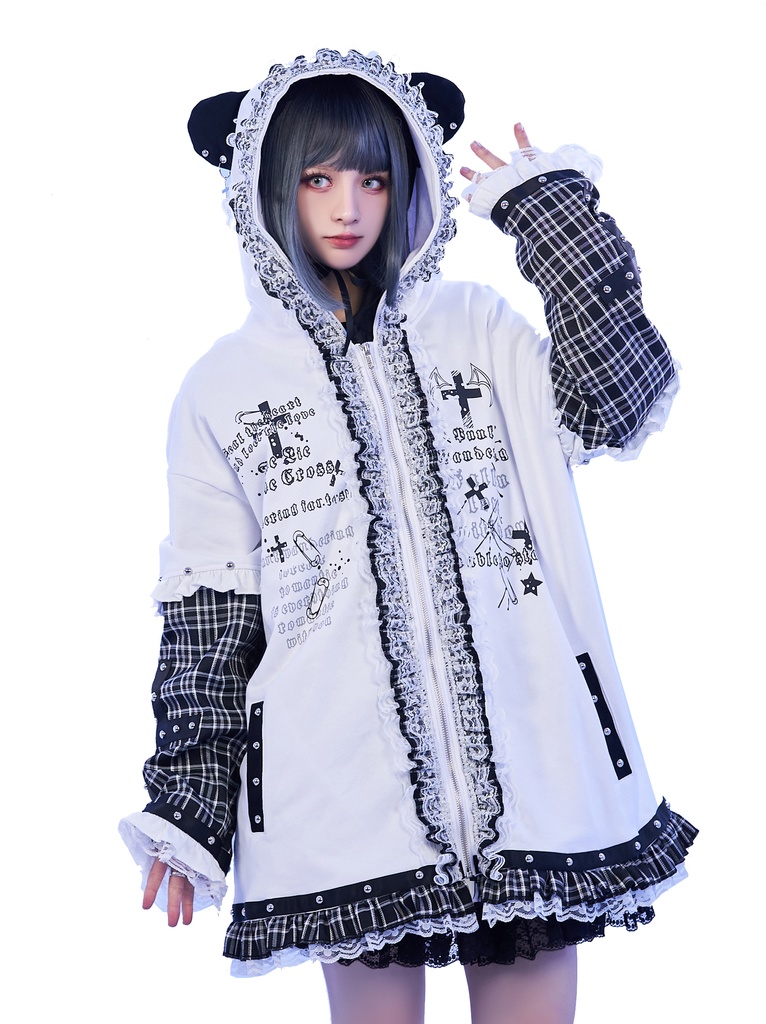 Jillpunk可愛いパンク 放浪バンギャ ダーク系 エモパンク タータンチェック柄 フリル レースへム スダッズ細工 長袖 ジップアップ猫耳パーカー フード付きジャケット オリジナルスタイル レディーズ V系 おしゃれ カッコいい