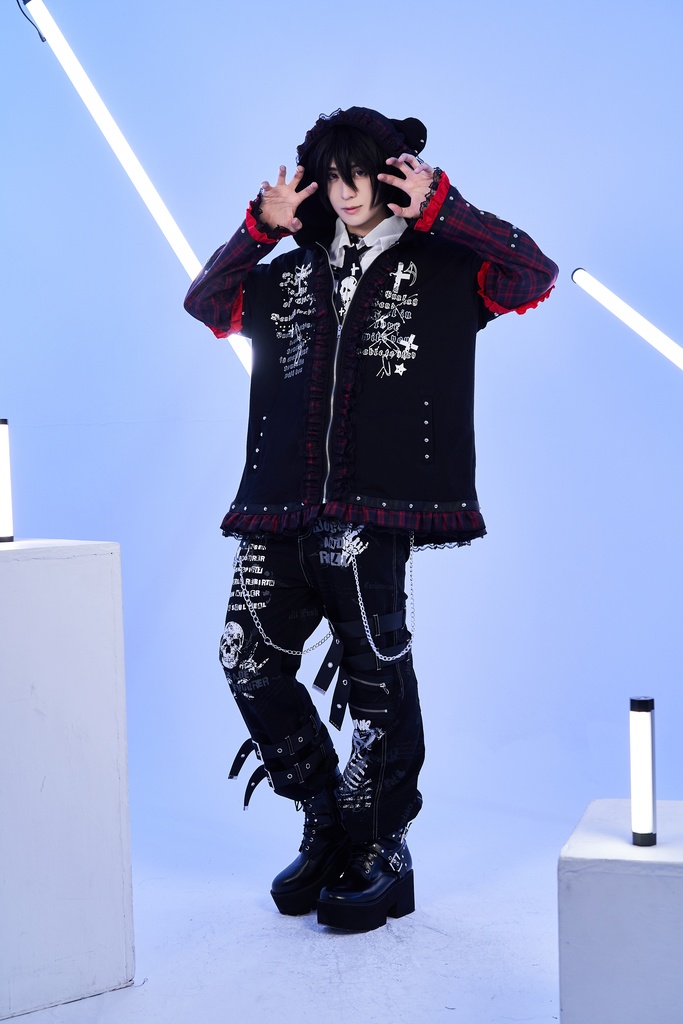 Jillpunk可愛いパンク 放浪バンギャ ダーク系 エモパンク タータンチェック柄 フリル レースへム スダッズ細工 長袖 ジップアップ猫耳パーカー フード付きジャケット オリジナルスタイル レディーズ V系 おしゃれ カッコいい
