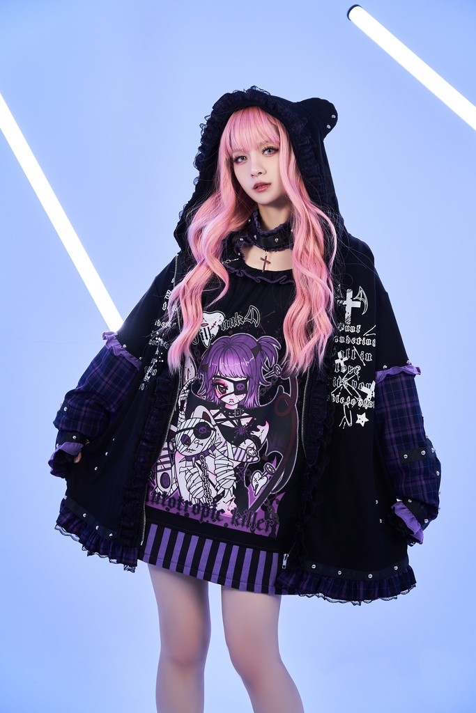 Jillpunk可愛いパンク 放浪バンギャ ダーク系 エモパンク タータンチェック柄 フリル レースへム スダッズ細工 長袖 ジップアップ猫耳パーカー フード付きジャケット オリジナルスタイル レディーズ V系 おしゃれ カッコいい