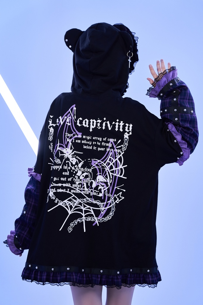 Jillpunk可愛いパンク 放浪バンギャ ダーク系 エモパンク タータンチェック柄 フリル レースへム スダッズ細工 長袖 ジップアップ猫耳パーカー フード付きジャケット オリジナルスタイル レディーズ V系 おしゃれ カッコいい