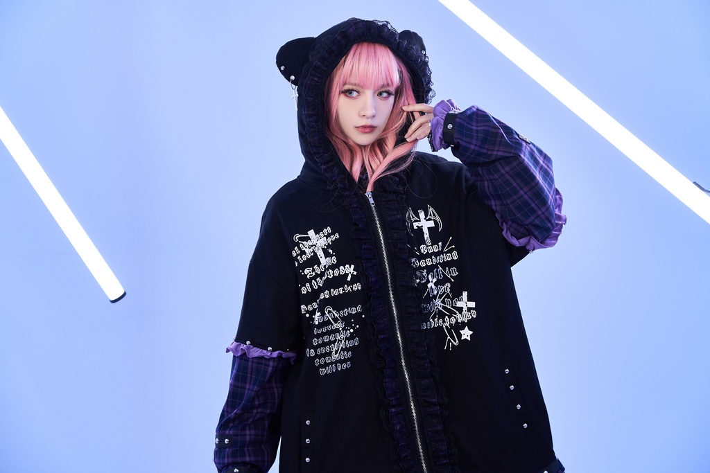 Jillpunk可愛いパンク 放浪バンギャ ダーク系 エモパンク タータンチェック柄 フリル レースへム スダッズ細工 長袖 ジップアップ猫耳パーカー フード付きジャケット オリジナルスタイル レディーズ V系 おしゃれ カッコいい