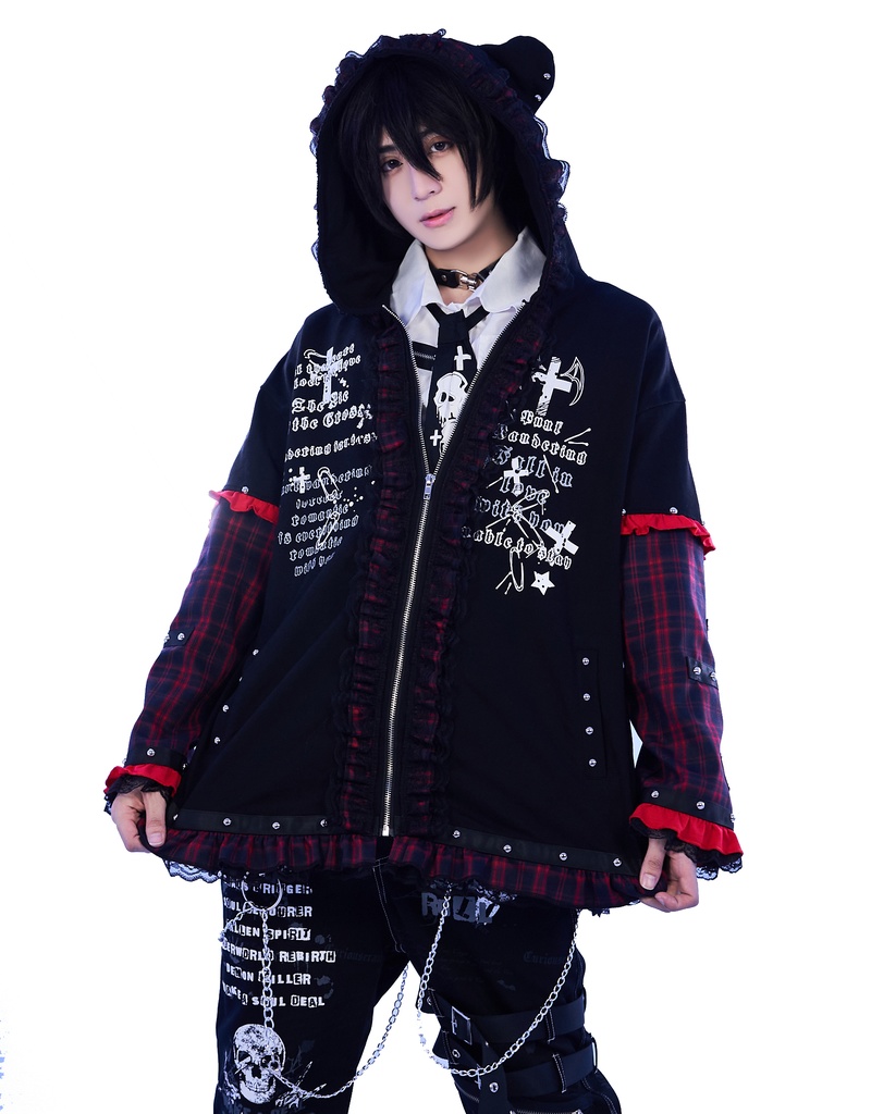 Jillpunk可愛いパンク 放浪バンギャ ダーク系 エモパンク タータンチェック柄 フリル レースへム スダッズ細工 長袖 ジップアップ猫耳パーカー フード付きジャケット オリジナルスタイル レディーズ V系 おしゃれ カッコいい