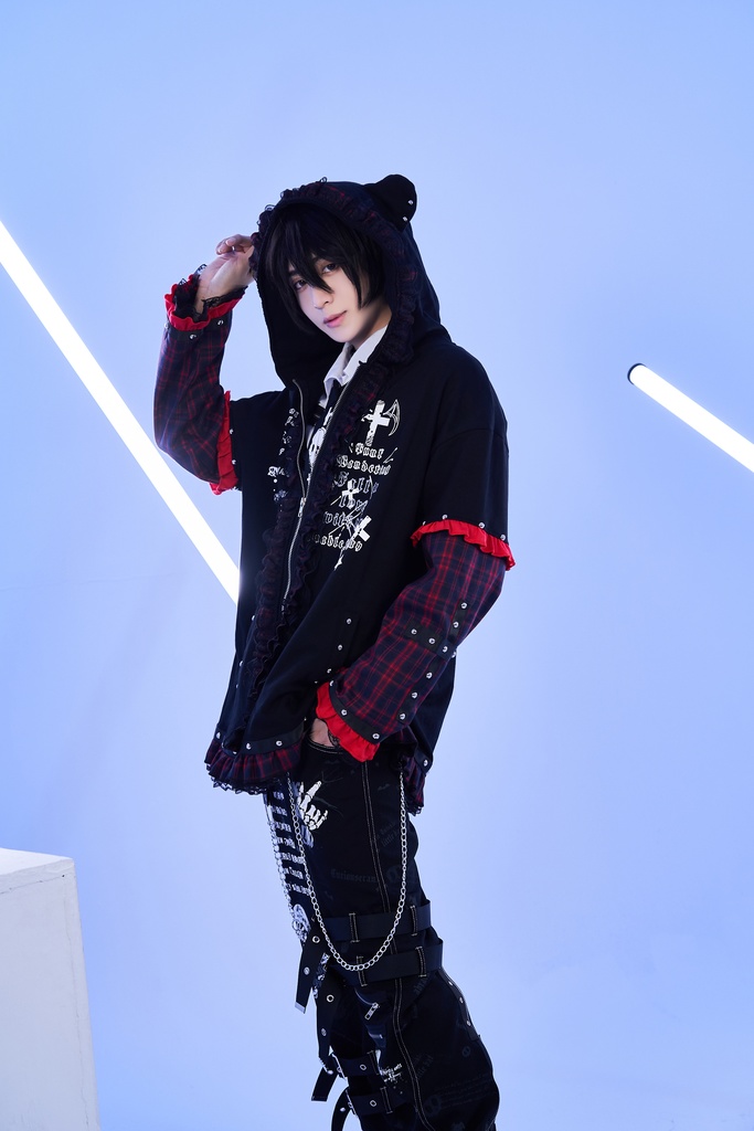 Jillpunk可愛いパンク 放浪バンギャ ダーク系 エモパンク タータンチェック柄 フリル レースへム スダッズ細工 長袖 ジップアップ猫耳パーカー フード付きジャケット オリジナルスタイル レディーズ V系 おしゃれ カッコいい
