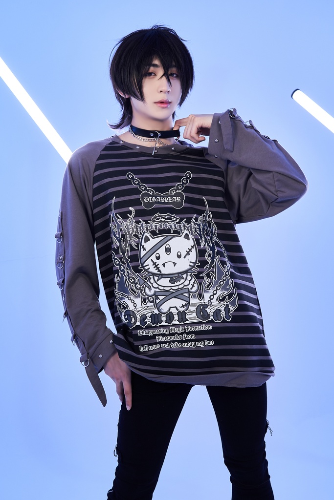 Jillpunk可愛いパンク 破壊神ネコ バンギャ エモパンク ボーダー柄 スダッズ付き 長袖Tシャツ ラグラン ロング丈カットソー 男女兼用 オリジナルスタイル レディーズ V系 おしゃれ カッコいい