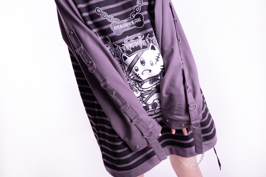 Jillpunk可愛いパンク 破壊神ネコ バンギャ エモパンク ボーダー柄 スダッズ付き 長袖Tシャツ ラグラン ロング丈カットソー 男女兼用 オリジナルスタイル レディーズ V系 おしゃれ カッコいい