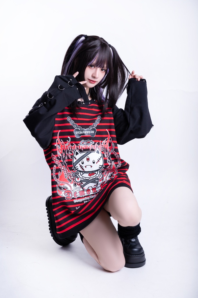 Jillpunk可愛いパンク 破壊神ネコ バンギャ エモパンク ボーダー柄 スダッズ付き 長袖Tシャツ ラグラン ロング丈カットソー 男女兼用 オリジナルスタイル レディーズ V系 おしゃれ カッコいい