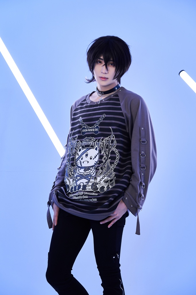 Jillpunk可愛いパンク 破壊神ネコ バンギャ エモパンク ボーダー柄 スダッズ付き 長袖Tシャツ ラグラン ロング丈カットソー 男女兼用 オリジナルスタイル レディーズ V系 おしゃれ カッコいい