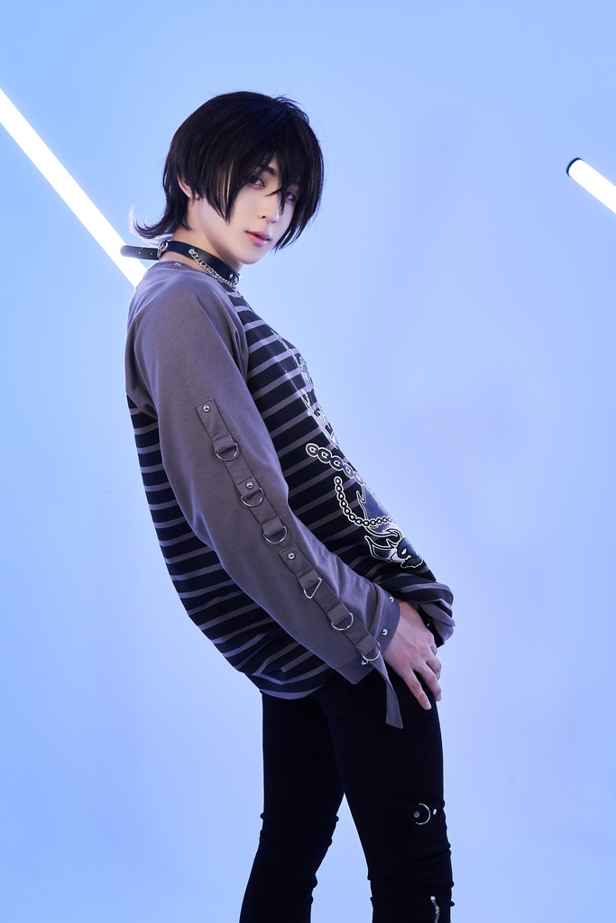 Jillpunk可愛いパンク 破壊神ネコ バンギャ エモパンク ボーダー柄 スダッズ付き 長袖Tシャツ ラグラン ロング丈カットソー 男女兼用 オリジナルスタイル レディーズ V系 おしゃれ カッコいい