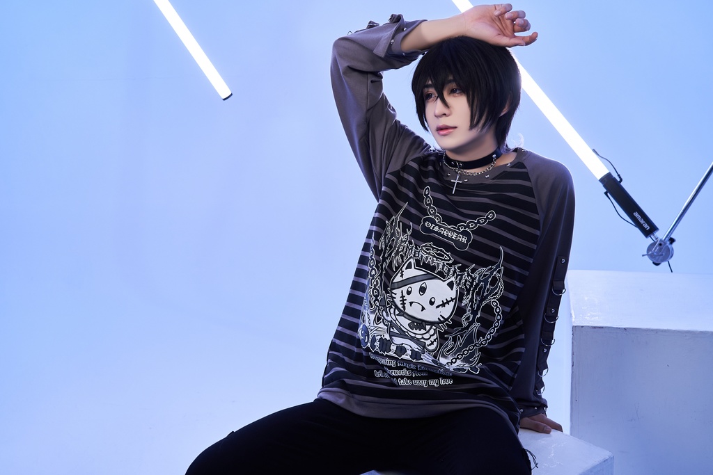 Jillpunk可愛いパンク 破壊神ネコ バンギャ エモパンク ボーダー柄 スダッズ付き 長袖Tシャツ ラグラン ロング丈カットソー 男女兼用 オリジナルスタイル レディーズ V系 おしゃれ カッコいい