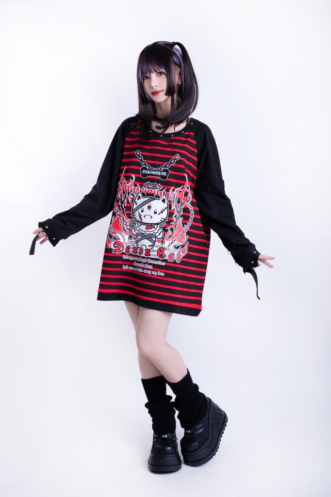 Jillpunk可愛いパンク 破壊神ネコ バンギャ エモパンク ボーダー柄 スダッズ付き 長袖Tシャツ ラグラン ロング丈カットソー 男女兼用 オリジナルスタイル レディーズ V系 おしゃれ カッコいい