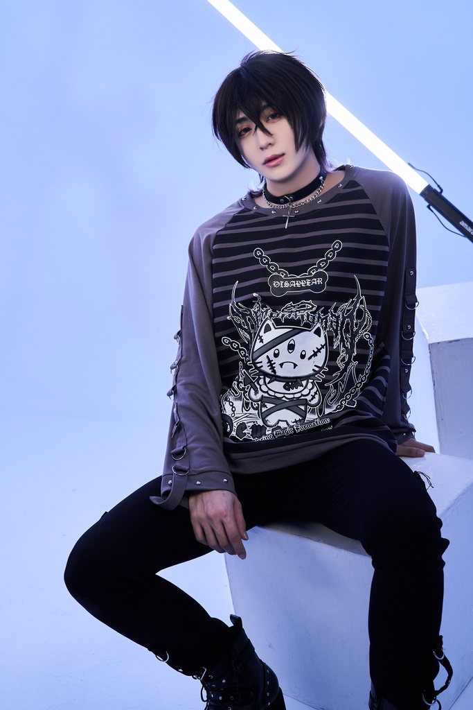 Jillpunk可愛いパンク 破壊神ネコ バンギャ エモパンク ボーダー柄 スダッズ付き 長袖Tシャツ ラグラン ロング丈カットソー 男女兼用 オリジナルスタイル レディーズ V系 おしゃれ カッコいい