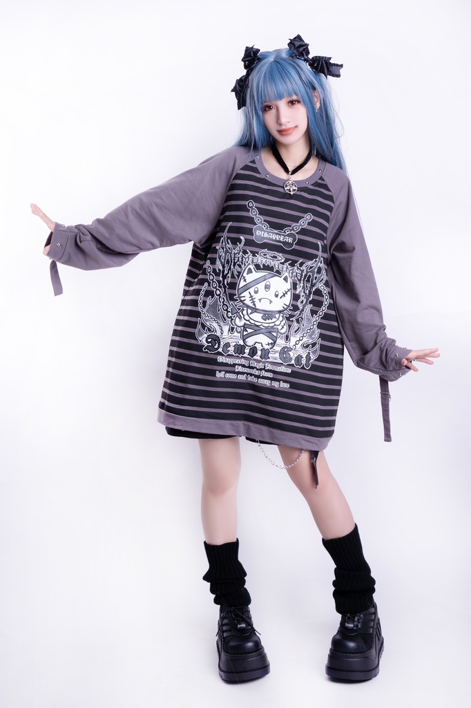 Jillpunk可愛いパンク 破壊神ネコ バンギャ エモパンク ボーダー柄 スダッズ付き 長袖Tシャツ ラグラン ロング丈カットソー 男女兼用 オリジナルスタイル レディーズ V系 おしゃれ カッコいい
