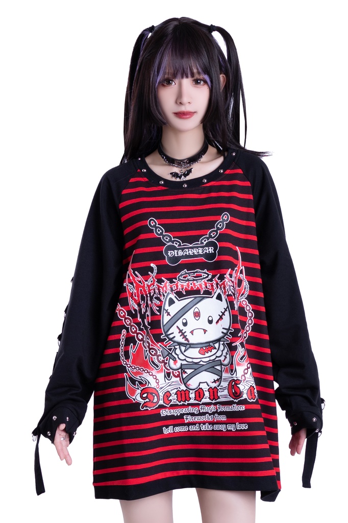 Jillpunk可愛いパンク 破壊神ネコ バンギャ エモパンク ボーダー柄 スダッズ付き 長袖Tシャツ ラグラン ロング丈カットソー 男女兼用 オリジナルスタイル レディーズ V系 おしゃれ カッコいい