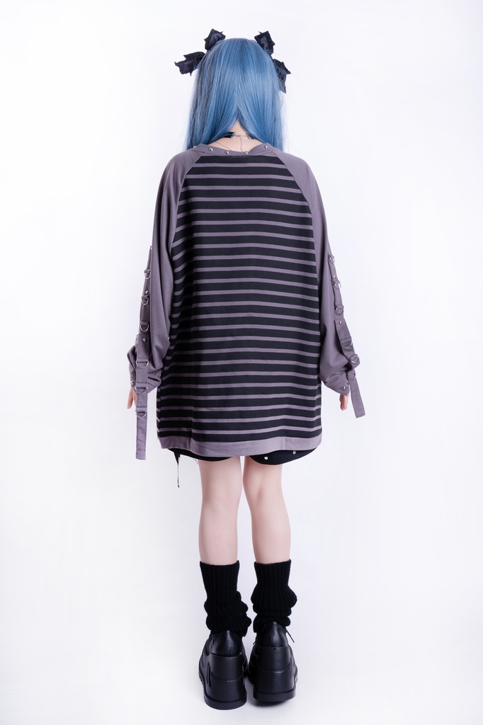 Jillpunk可愛いパンク 破壊神ネコ バンギャ エモパンク ボーダー柄 スダッズ付き 長袖Tシャツ ラグラン ロング丈カットソー 男女兼用 オリジナルスタイル レディーズ V系 おしゃれ カッコいい