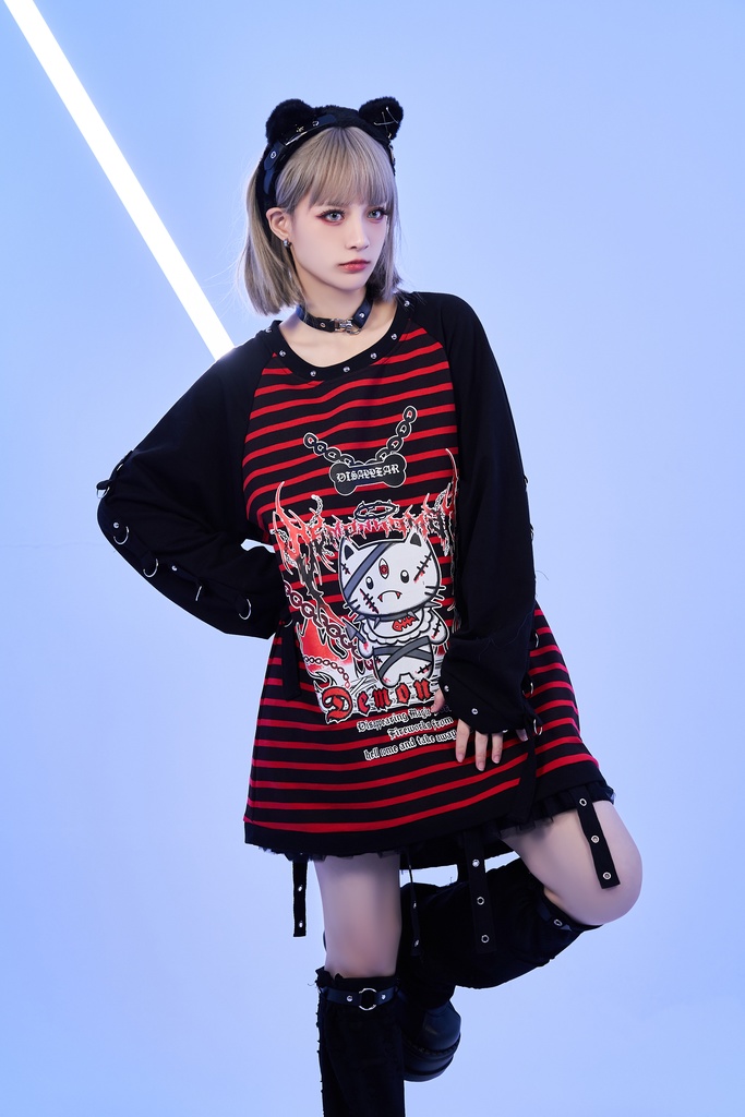 Jillpunk可愛いパンク 破壊神ネコ バンギャ エモパンク ボーダー柄 スダッズ付き 長袖Tシャツ ラグラン ロング丈カットソー 男女兼用 オリジナルスタイル レディーズ V系 おしゃれ カッコいい