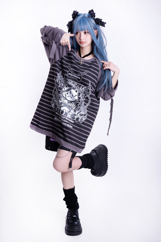 Jillpunk可愛いパンク 破壊神ネコ バンギャ エモパンク ボーダー柄 スダッズ付き 長袖Tシャツ ラグラン ロング丈カットソー 男女兼用 オリジナルスタイル レディーズ V系 おしゃれ カッコいい
