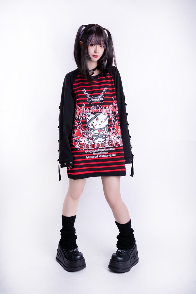 Jillpunk可愛いパンク 破壊神ネコ バンギャ エモパンク ボーダー柄 スダッズ付き 長袖Tシャツ ラグラン ロング丈カットソー 男女兼用 オリジナルスタイル レディーズ V系 おしゃれ カッコいい