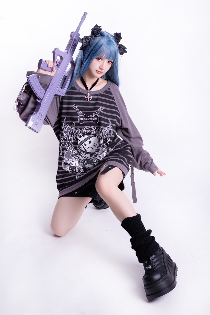 Jillpunk可愛いパンク 破壊神ネコ バンギャ エモパンク ボーダー柄 スダッズ付き 長袖Tシャツ ラグラン ロング丈カットソー 男女兼用 オリジナルスタイル レディーズ V系 おしゃれ カッコいい