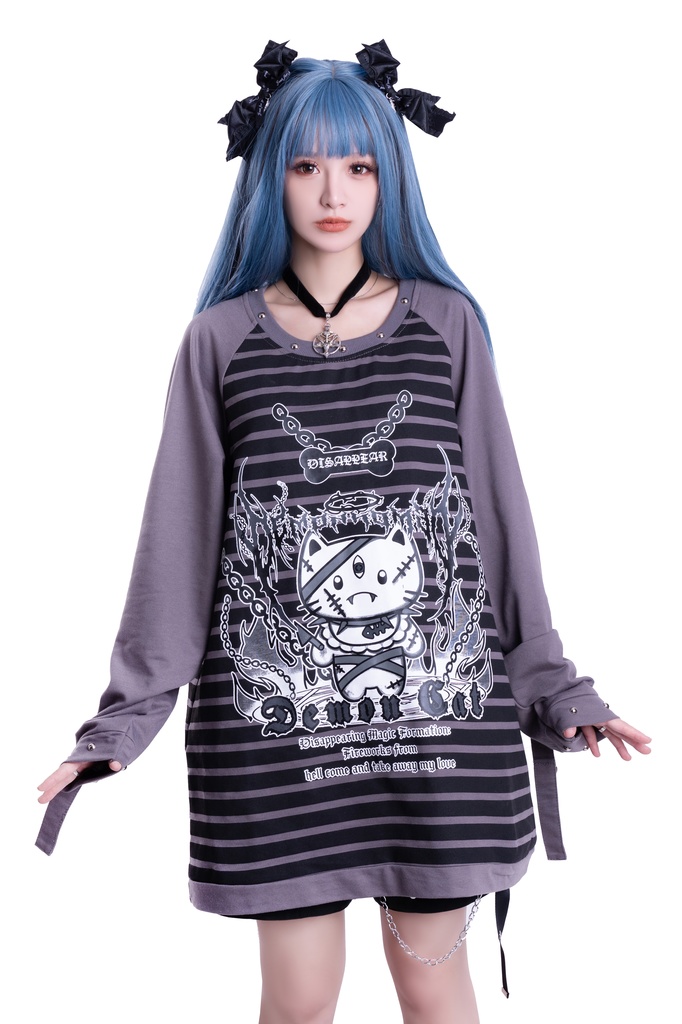 Jillpunk可愛いパンク 破壊神ネコ バンギャ エモパンク ボーダー柄 スダッズ付き 長袖Tシャツ ラグラン ロング丈カットソー 男女兼用 オリジナルスタイル レディーズ V系 おしゃれ カッコいい