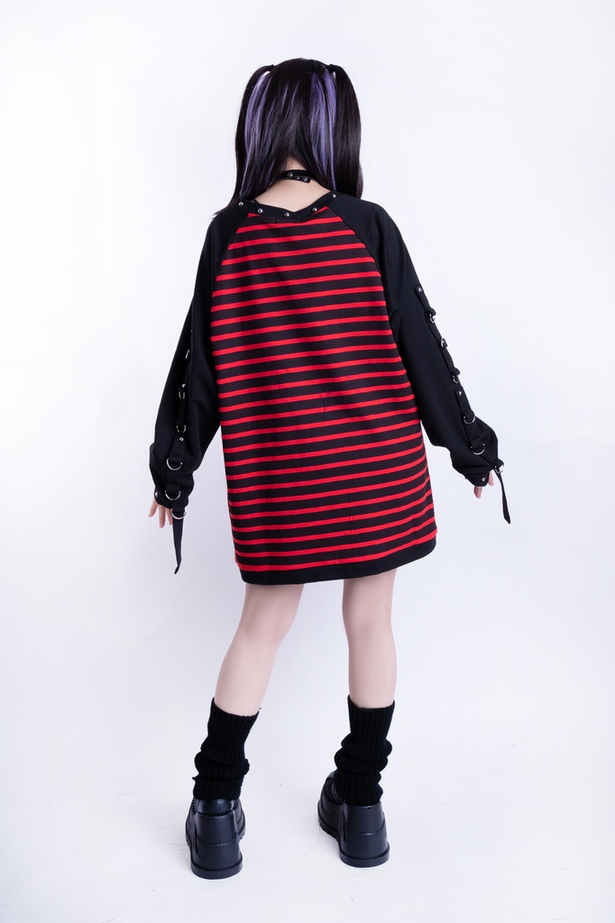 Jillpunk可愛いパンク 破壊神ネコ バンギャ エモパンク ボーダー柄 スダッズ付き 長袖Tシャツ ラグラン ロング丈カットソー 男女兼用 オリジナルスタイル レディーズ V系 おしゃれ カッコいい