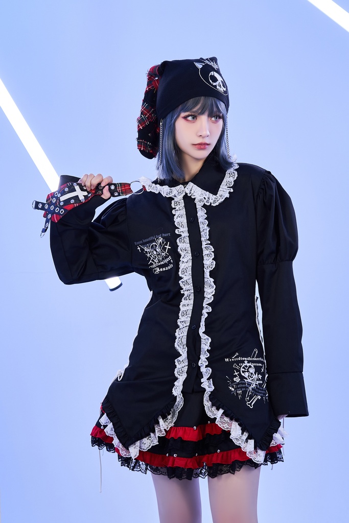 Jillpunkゴシック 衣装 派手カワ フィクション呪文 ダーク系 エモパンク バンギャ ドクロ柄 フリルレースへム コルセットピアス ランタンスリーブ ドレスシャツ 長袖ブラウス オリジナルスタイル レディーズ V系 おしゃれ カッコいい