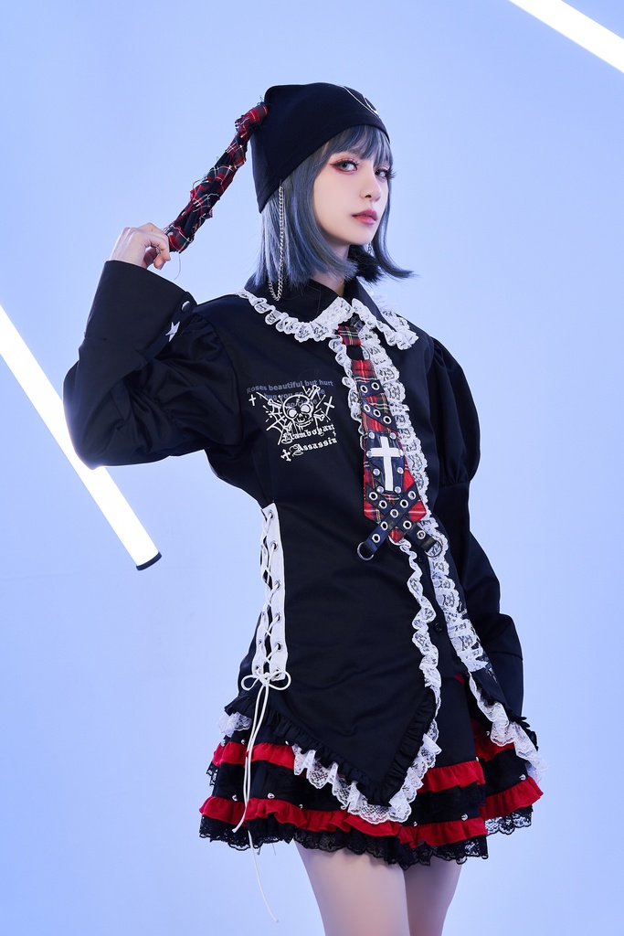 Jillpunkゴシック 衣装 派手カワ フィクション呪文 ダーク系 エモパンク バンギャ ドクロ柄 フリルレースへム コルセットピアス ランタンスリーブ ドレスシャツ 長袖ブラウス オリジナルスタイル レディーズ V系 おしゃれ カッコいい