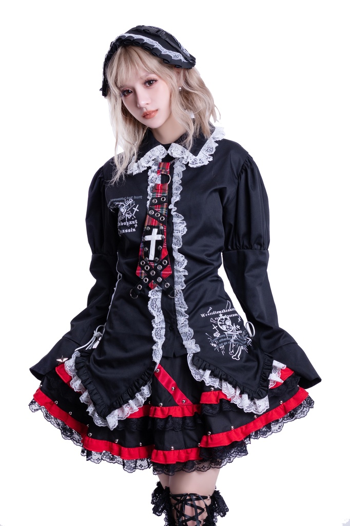 Jillpunkゴシック 衣装 派手カワ フィクション呪文 ダーク系 エモパンク バンギャ ドクロ柄 フリルレースへム コルセットピアス ランタンスリーブ ドレスシャツ 長袖ブラウス オリジナルスタイル レディーズ V系 おしゃれ カッコいい