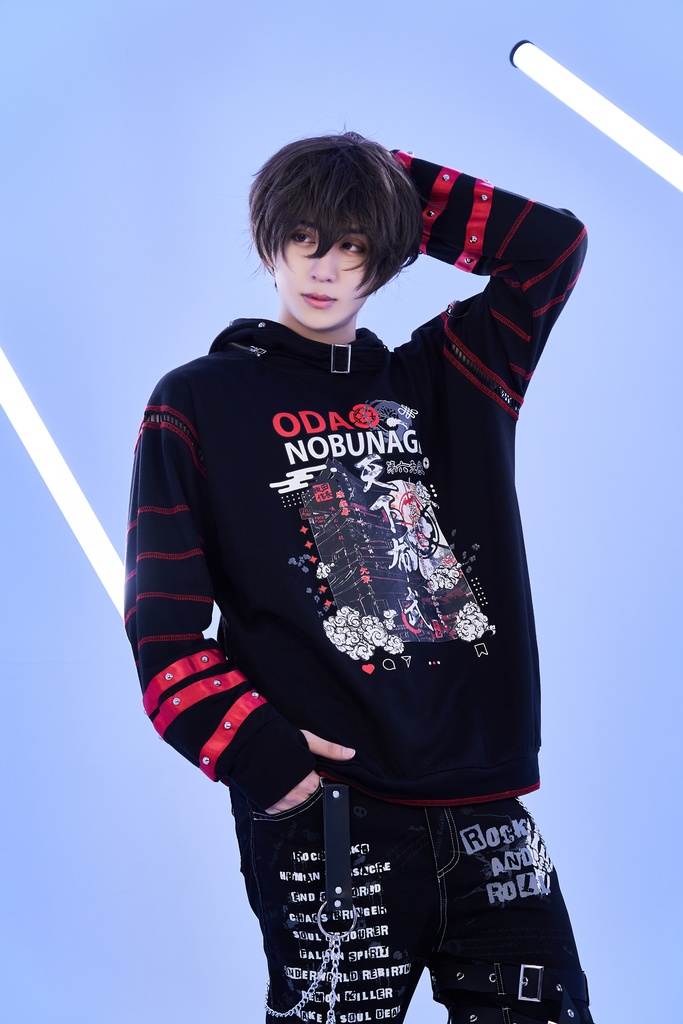 Jillpunk 和洋折衷 和柄 戦国武将物語 第六天魔王 織田信長 武将譚 悪魔角付き 取り外し可能フード 飾り縫い 2WAY長袖 ゆったりパーカー 男女兼用 オリジナル メンズ レディー V系 カッコいい おしゃれ 男女兼用ファッション