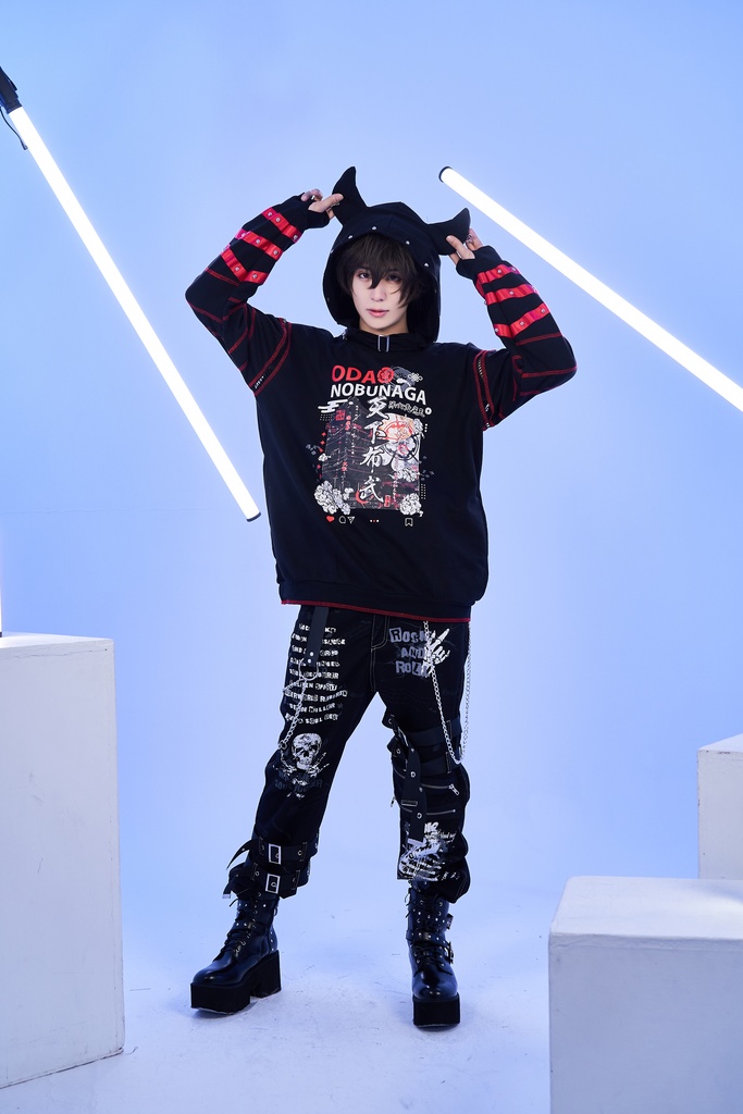 Jillpunk 和洋折衷 和柄 戦国武将物語 第六天魔王 織田信長 武将譚 悪魔角付き 取り外し可能フード 飾り縫い 2WAY長袖 ゆったりパーカー 男女兼用 オリジナル メンズ レディー V系 カッコいい おしゃれ 男女兼用ファッション