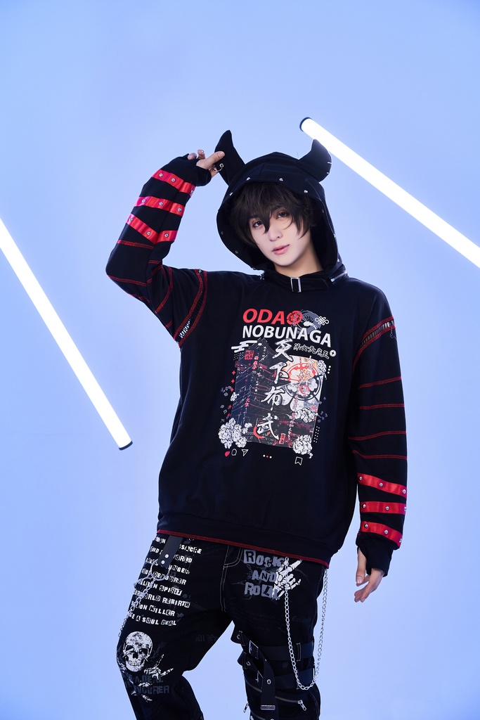 Jillpunk 和洋折衷 和柄 戦国武将物語 第六天魔王 織田信長 武将譚 悪魔角付き 取り外し可能フード 飾り縫い 2WAY長袖 ゆったりパーカー 男女兼用 オリジナル メンズ レディー V系 カッコいい おしゃれ 男女兼用ファッション