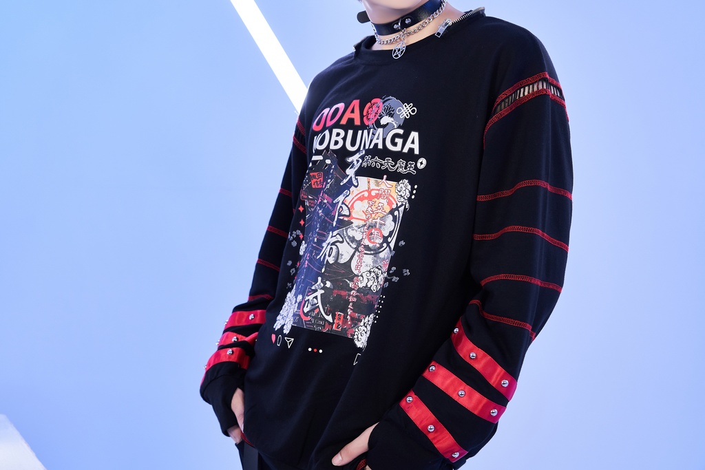 Jillpunk 和洋折衷 和柄 戦国武将物語 第六天魔王 織田信長 武将譚 悪魔角付き 取り外し可能フード 飾り縫い 2WAY長袖 ゆったりパーカー 男女兼用 オリジナル メンズ レディー V系 カッコいい おしゃれ 男女兼用ファッション