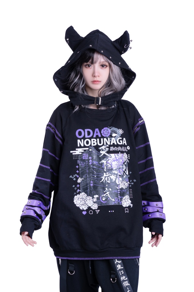 Jillpunk 和洋折衷 和柄 戦国武将物語 第六天魔王 織田信長 武将譚 悪魔角付き 取り外し可能フード 飾り縫い 2WAY長袖 ゆったりパーカー 男女兼用 オリジナル メンズ レディー V系 カッコいい おしゃれ 男女兼用ファッション