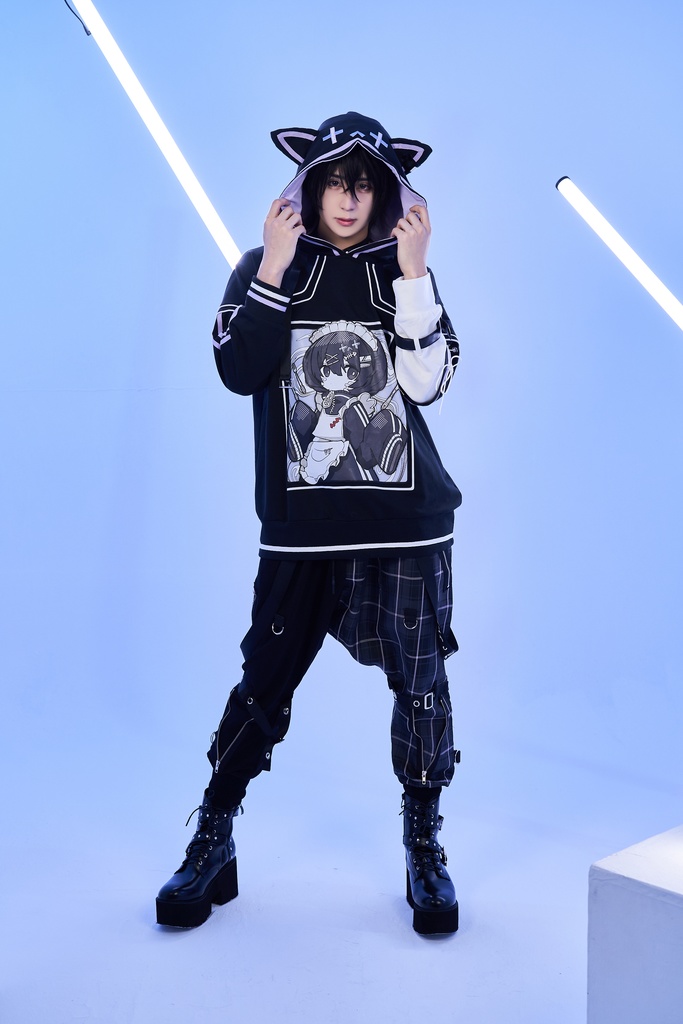 Jillpunkアニメ 秋葉系 萌え 二次コン Soresakiコラボ 古びた屋敷のメイド 重ね着風 顔文字刺繡 長袖 猫耳パーカー ゆったり メンズ レディー 可愛いおしゃれ大きいサイズ男女兼用ファッション原宿