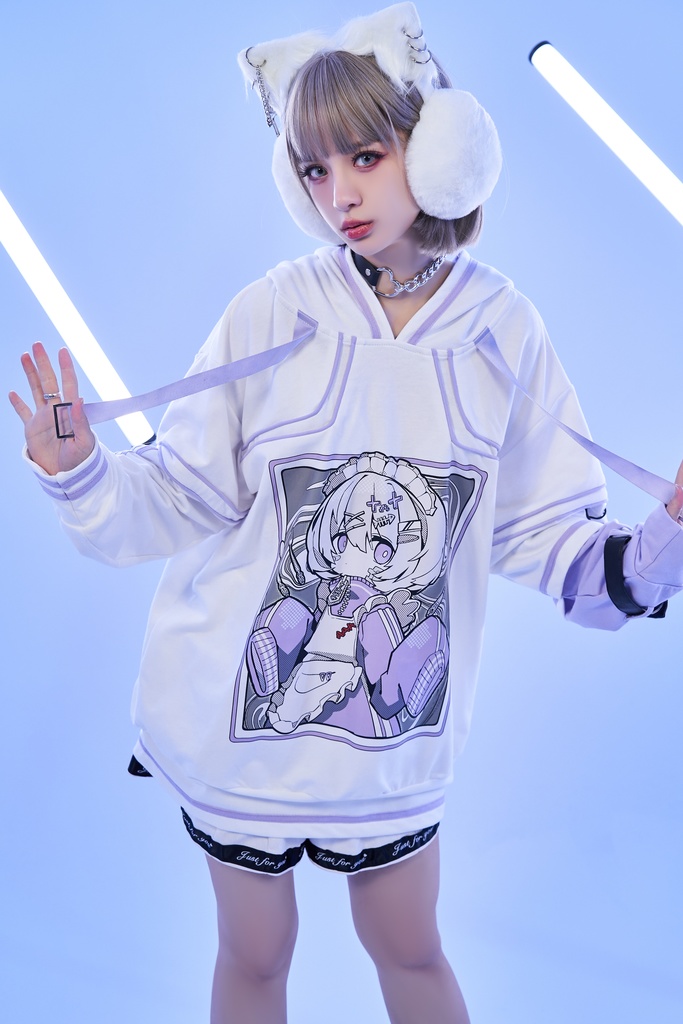Jillpunkアニメ 秋葉系 萌え 二次コン Soresakiコラボ 古びた屋敷のメイド 重ね着風 顔文字刺繡 長袖 猫耳パーカー ゆったり メンズ レディー 可愛いおしゃれ大きいサイズ男女兼用ファッション原宿
