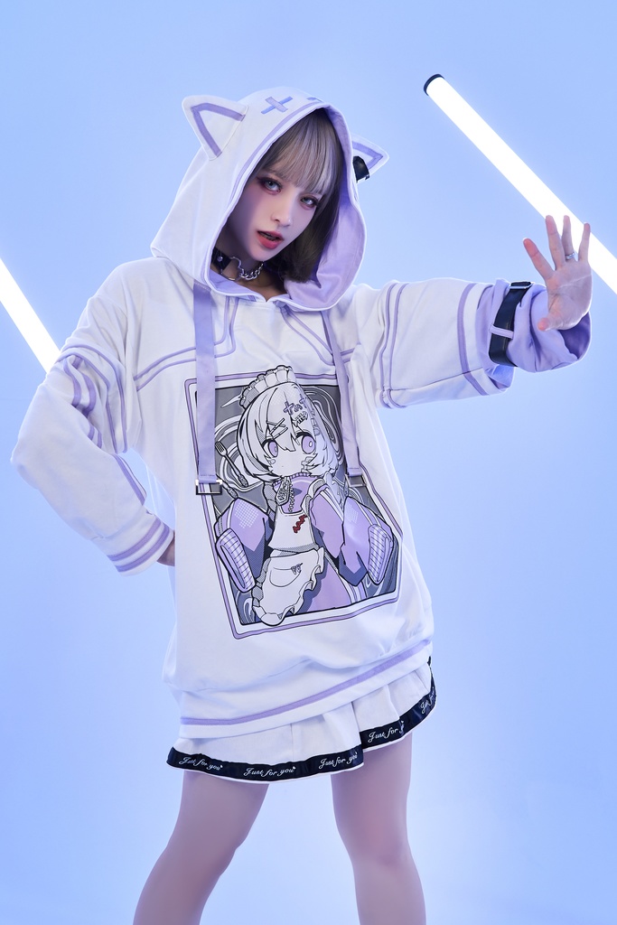 Jillpunkアニメ 秋葉系 萌え 二次コン Soresakiコラボ 古びた屋敷のメイド 重ね着風 顔文字刺繡 長袖 猫耳パーカー ゆったり メンズ レディー 可愛いおしゃれ大きいサイズ男女兼用ファッション原宿
