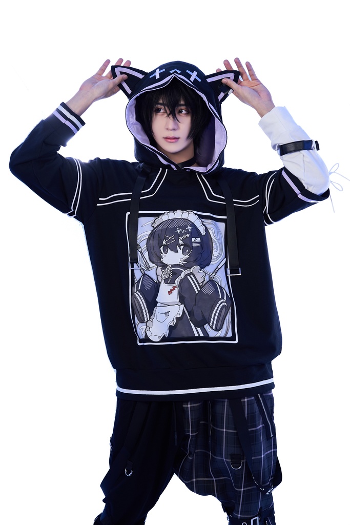 Jillpunkアニメ 秋葉系 萌え 二次コン Soresakiコラボ 古びた屋敷のメイド 重ね着風 顔文字刺繡 長袖 猫耳パーカー ゆったり メンズ レディー 可愛いおしゃれ大きいサイズ男女兼用ファッション原宿