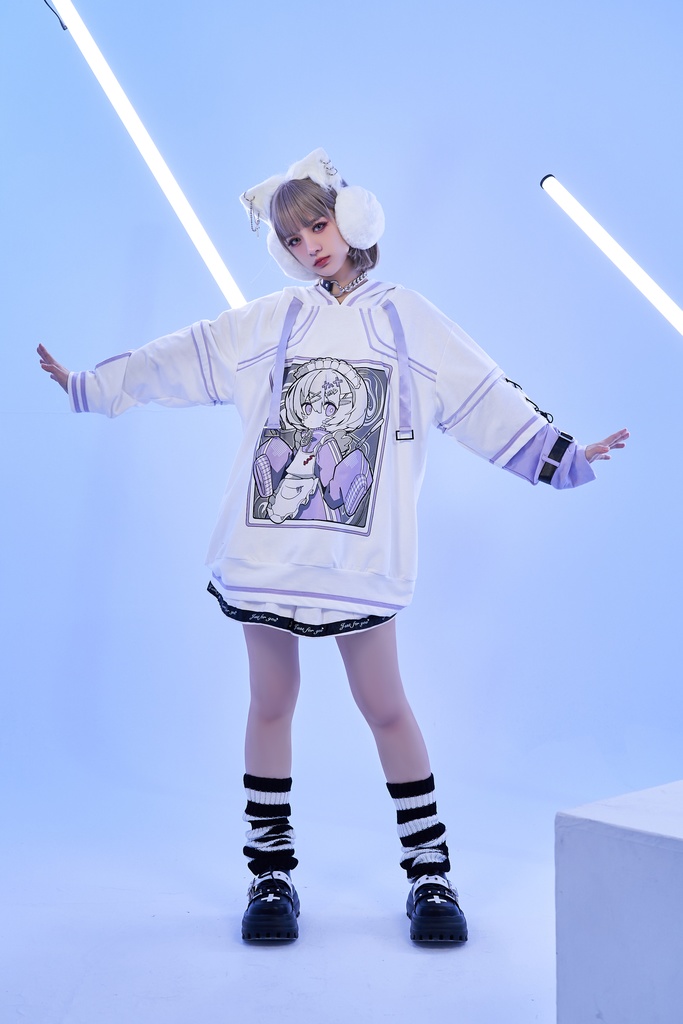 Jillpunkアニメ 秋葉系 萌え 二次コン Soresakiコラボ 古びた屋敷のメイド 重ね着風 顔文字刺繡 長袖 猫耳パーカー ゆったり メンズ レディー 可愛いおしゃれ大きいサイズ男女兼用ファッション原宿