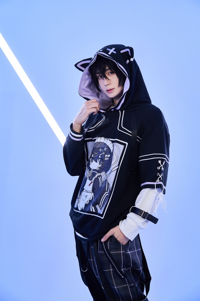 Jillpunkアニメ 秋葉系 萌え 二次コン Soresakiコラボ 古びた屋敷のメイド 重ね着風 顔文字刺繡 長袖 猫耳パーカー ゆったり メンズ レディー 可愛いおしゃれ大きいサイズ男女兼用ファッション原宿