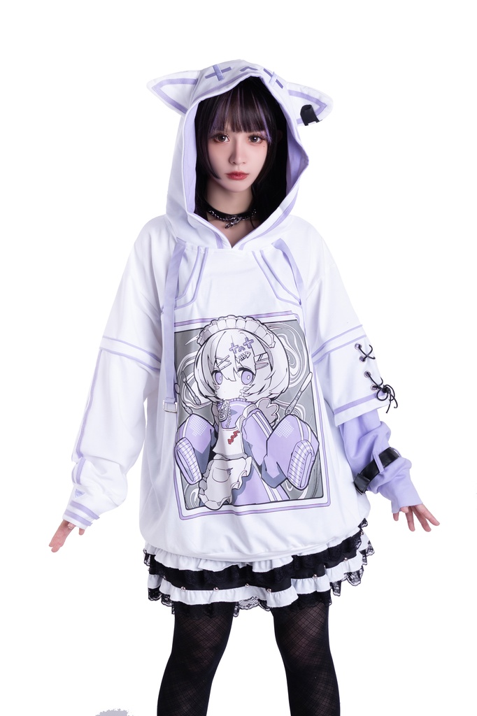 Jillpunkアニメ 秋葉系 萌え 二次コン Soresakiコラボ 古びた屋敷のメイド 重ね着風 顔文字刺繡 長袖 猫耳パーカー ゆったり メンズ レディー 可愛いおしゃれ大きいサイズ男女兼用ファッション原宿