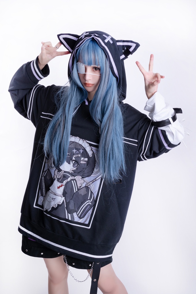 Jillpunkアニメ 秋葉系 萌え 二次コン Soresakiコラボ 古びた屋敷のメイド 重ね着風 顔文字刺繡 長袖 猫耳パーカー ゆったり メンズ レディー 可愛いおしゃれ大きいサイズ男女兼用ファッション原宿