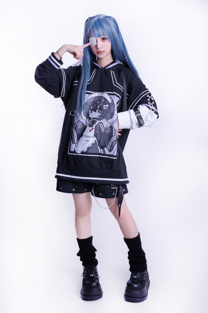 Jillpunkアニメ 秋葉系 萌え 二次コン Soresakiコラボ 古びた屋敷のメイド 重ね着風 顔文字刺繡 長袖 猫耳パーカー ゆったり メンズ レディー 可愛いおしゃれ大きいサイズ男女兼用ファッション原宿