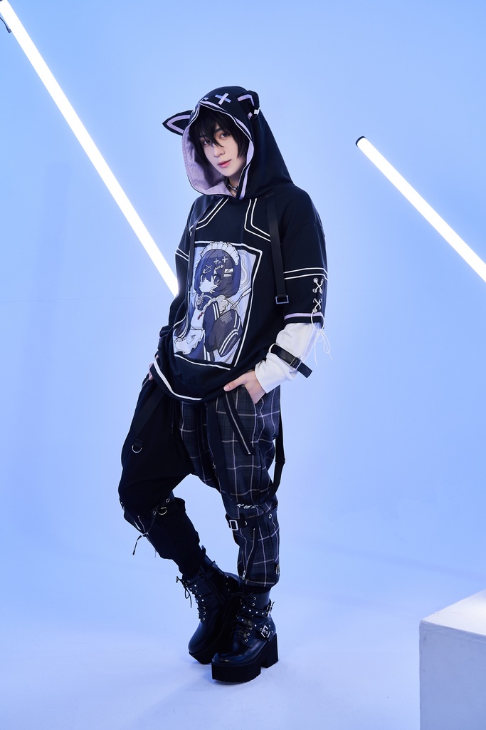 Jillpunkアニメ 秋葉系 萌え 二次コン Soresakiコラボ 古びた屋敷のメイド 重ね着風 顔文字刺繡 長袖 猫耳パーカー ゆったり メンズ レディー 可愛いおしゃれ大きいサイズ男女兼用ファッション原宿