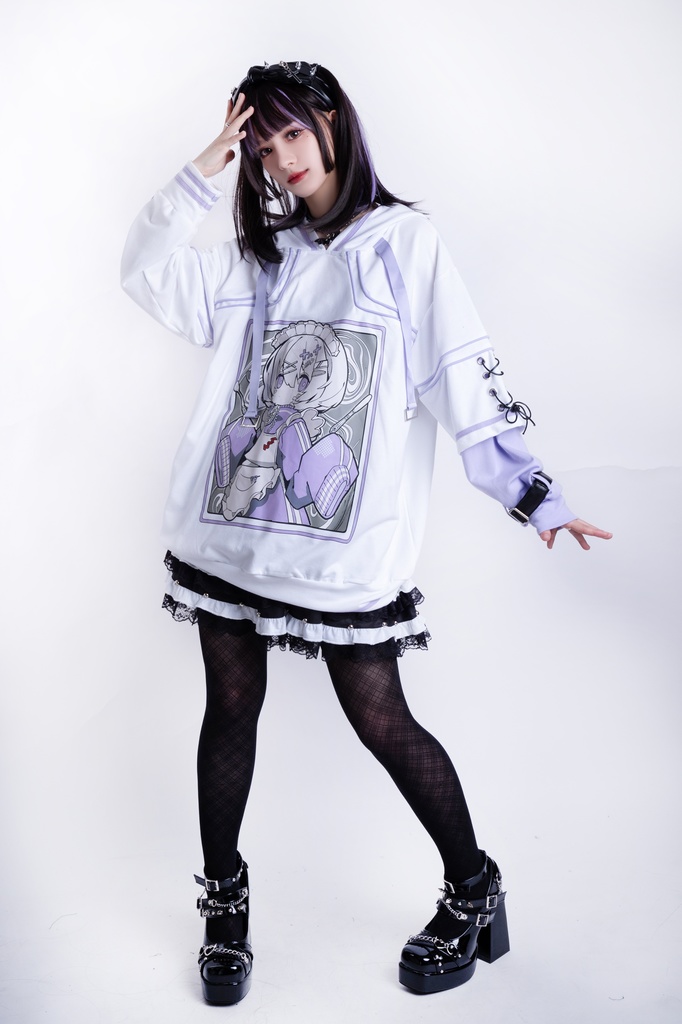 Jillpunkアニメ 秋葉系 萌え 二次コン Soresakiコラボ 古びた屋敷のメイド 重ね着風 顔文字刺繡 長袖 猫耳パーカー ゆったり メンズ レディー 可愛いおしゃれ大きいサイズ男女兼用ファッション原宿