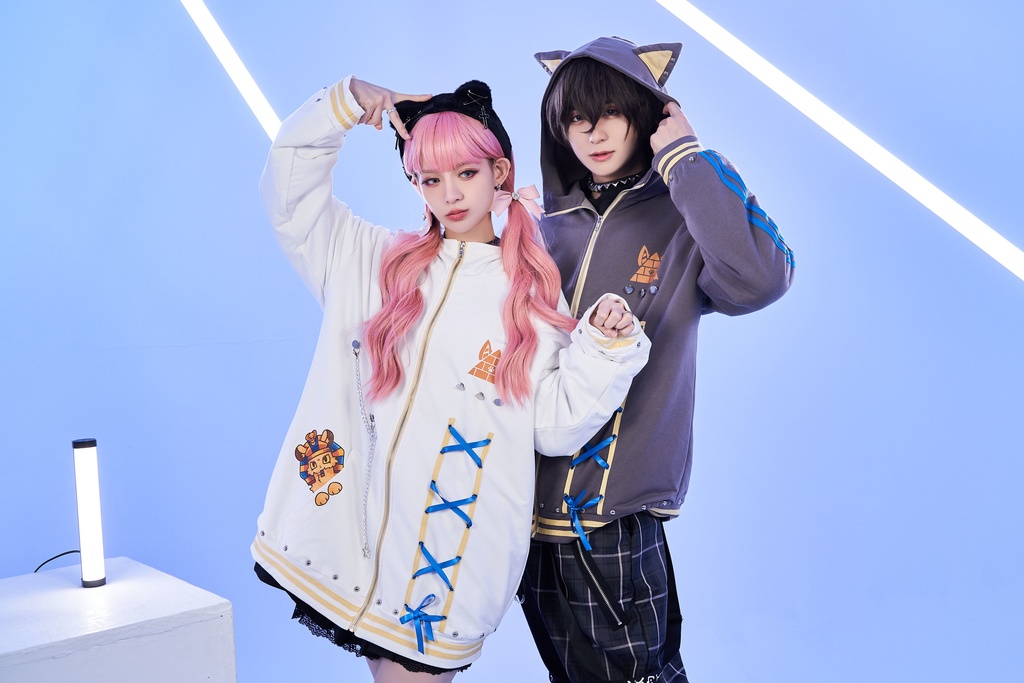 Jillpunk芝麻コラボ ゆめかわ 可愛い スフィンクスベビー 太陽神 お宅 ニ次コン エジプト神話 ゆったり スダッズ細工 リボン 鎖チェーン付き 獣耳 長袖 パーカー 裏起毛フード付きジャケット オリジナル メンズ レディーズ 男女兼用